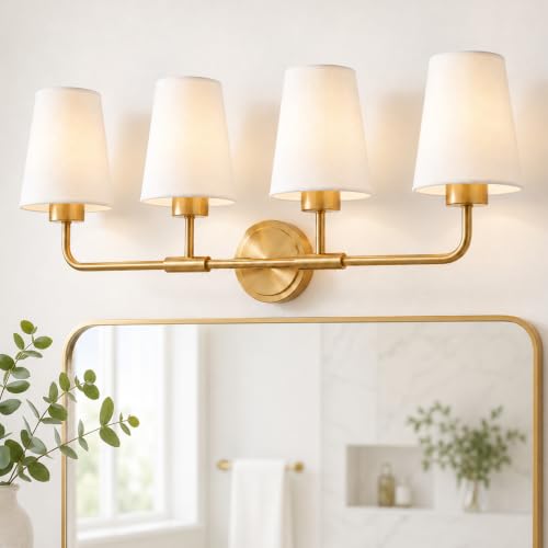 Image of 4-Light Gold Bathroom Light Fixtures with White Fabric Shades | 30 inch brushed gold bathroom vanity light, E26 sockets, ideal for 42-60 inch mirrors and master bathrooms, AD-25052-4W-GD