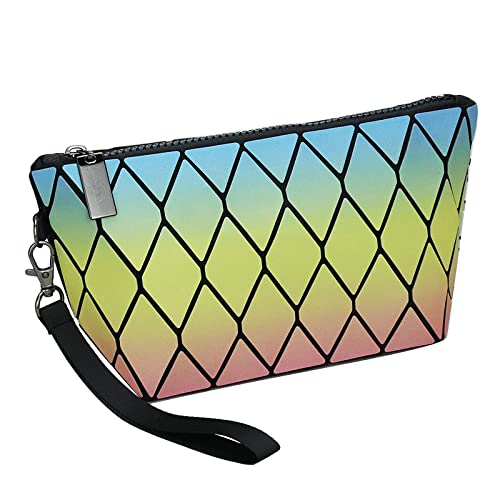 QIANJINGCQ Moda Cuero Diseño Gradiente Arco Iris PU Plegable Gran Capacidad Lápiz Labial Almacenamiento de Llaves Rombo Bolsa de Cosméticos Lápiz Láser Bolsa Damas Mochila de Embrague Cover