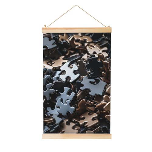 Poster suspendu en bois pour decorer un mur vide sans percer, motif de puzzle