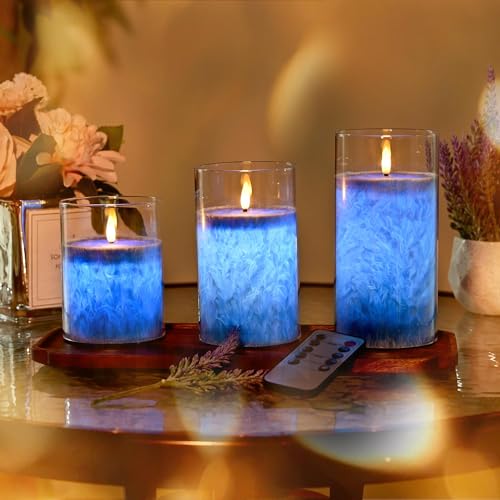 LED Kerzen Flammenlose im Glas, 3PC Flammenlose Kerzen mit Fernbedienung Timer Funktion, Elektrische Kerzen Echtes Wachs, Paraffin Kerzen für Hochzeit, Party, Dekoration(Blau – Bild 2