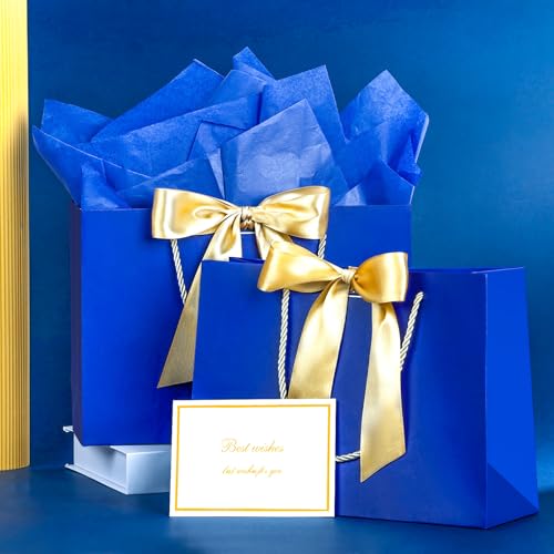 Image of JMANNI Gift Bags with Handles, 13 inch Medium Gift Bag for Presents, 1 Pcs Bags with 2 Tissue Paper and 1 Cards for Baby Shower Wedding Bridal Shower Mother's Day Birthday Party(Blue)