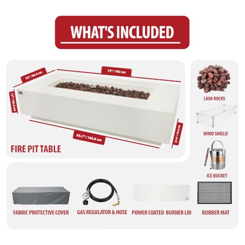 Image of AMS Creations | Savanah 72 inch Bundle Rectangular Cast Concrete Natural Gas Fire Pit Table | Cream White | Smooth Texture Surface | Electronic Ignition | Outdoor Patio Heater Outside Backyard Fireplace