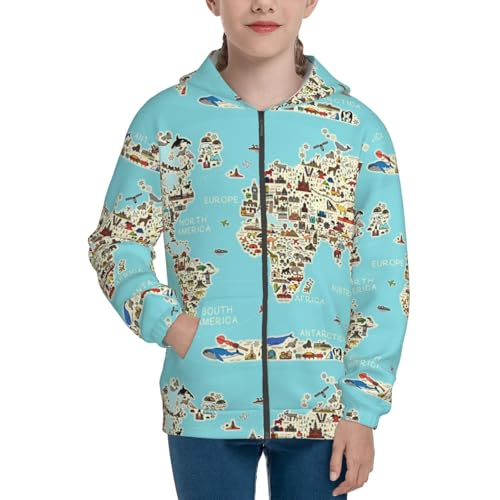 World Travel Line Icons Map Kid Hoodies Boys Zip Up Sweatshirts Girls Pullover with Pocket3