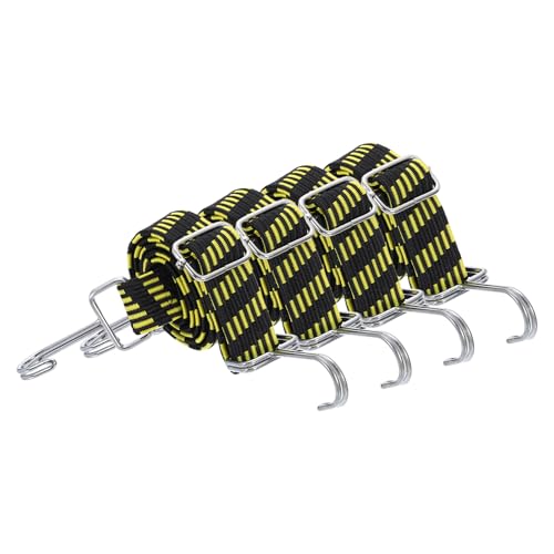 Image of uxcell 4Pcs Adjustable Bungee Cords with Hooks, 39 Inch Flat Heavy Duty Elasticity Straps Rubber Bungee Cords with Buckle for Outdoor, Camping, Tarp, Bike Rack, Luggage, Black Yellow