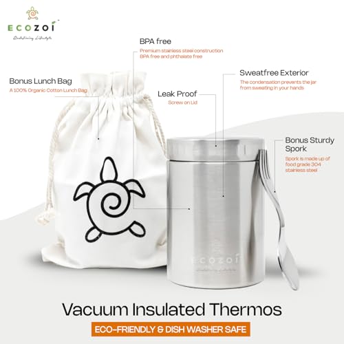 ecozoi Stainless Steel Insulated Lunch Box, Vacuum Insulated Food Jar, 17 Oz + Spork + Lunch Bag