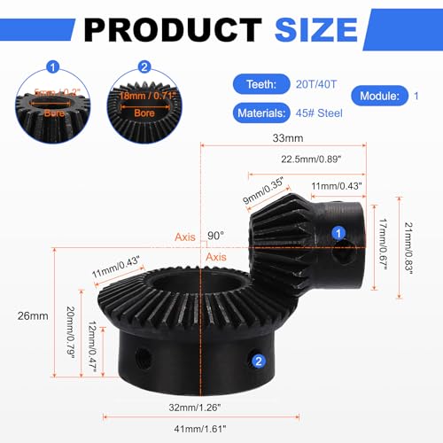 Image of uxcell 2Pcs Tapered Bevel Gears Set, 1 Mod 1:2 (20T /40T) Harden Steel Straight Bevel Gear, 90 Degree Steering Motor Gears, (5mm /18mm Shaft Hole with Keyway)