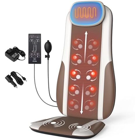 Shiatsu Back Massager with 3D Neck Traction & Heat, Full Back Heating Pads, Massage Chair Pad for Pain Relief, Deep Tissue Kneading & Roller Seat Cushion, 2 Vibration Motors, 2 Adapters, PU Leather Cover