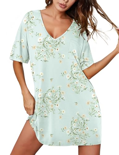 Image of Ekouaer Nightgowns for Women Bamboo Viscose Sleepshirt Short sleeve Nightshirt V Neck T shirt Night gown Boyfriend Sleepwear