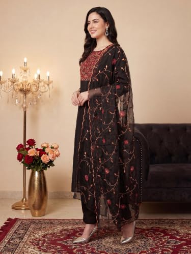 Image of INDO ERA Women's Silk Blend Floral Embroidered Thread Work Straight Kurta & Pant with Dupatta Set | Kurti Set