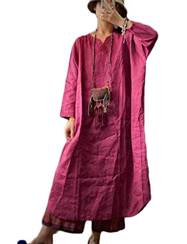 NFYM Damen Lässiges Leinenkleid Handgefertigte Stickerei Lang Baggy Plus Size Sommerkleid mit Taschen, Rosenrot, Einheitsgröße Mehr