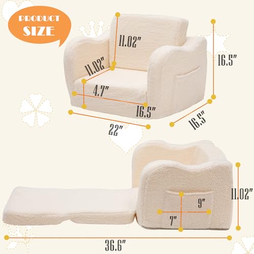 Toddler Baby Chair Couch Sofa Kids Foldable 2-in-1 Sherpa Fold Out Couch Bed Toddler Chairs Comfy for Boys & Girls Convertible Kids Furniture Sofa to Lounger for Playroom with Double Pockets, Pink