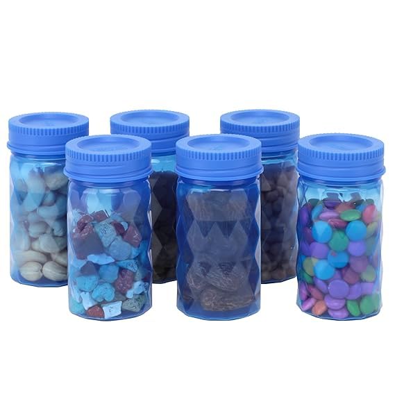 SIMPARTE Twister Jar Barni 225ml Round Container Set of 6 in Blue Color with Airtight Lid for Kitchen Storage of Spices, Masala, Pickles, Dry Fruits, Snacks, Herbs, Sugar, Tea & Coffee