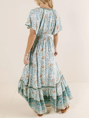 Image of R.Vivimos Women's Summer V Neck Maxi Dress Boho Floral Print Short Sleeve Elastic Waist Ruffle Patchwork A-Line Beach Dress