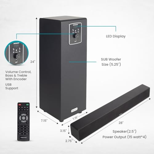 Image of Bluetooth Soundbar with 5.25 inch Subwoofer, 100W, 2.1 Channel System, LED Display, Remote Control, Four EQ Modes, Bluetooth v5.3, AUX, USB - Platinum Black