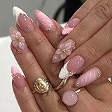24 Pièces Rose Faux Ongles French, Fleur 3D Press on Nails Amande Moyen, Acrylique Faux Ongles Autocollants avec Perle Dorée Dessin, Artificiels Ongles à Coller pour Femme et Fille DIY Manucure
