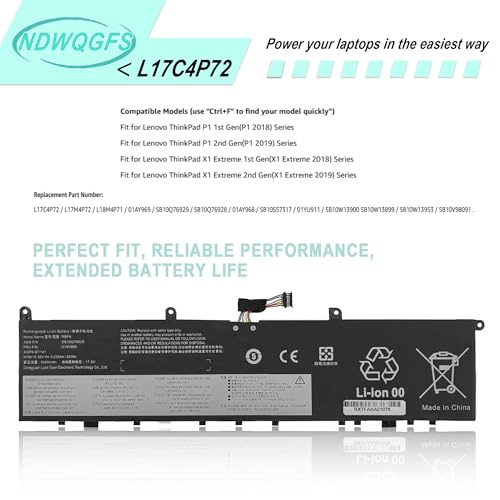 Image of L17C4P72 Laptop Battery Replacement for Lenovo ThinkPad X1 Extreme 1st /2nd Gen & ThinkPad P1 1st Gen /P1 Gen 2 | 15.36V 80WH | Compatible with L17M4P72, 01AY968, SB10Q76928