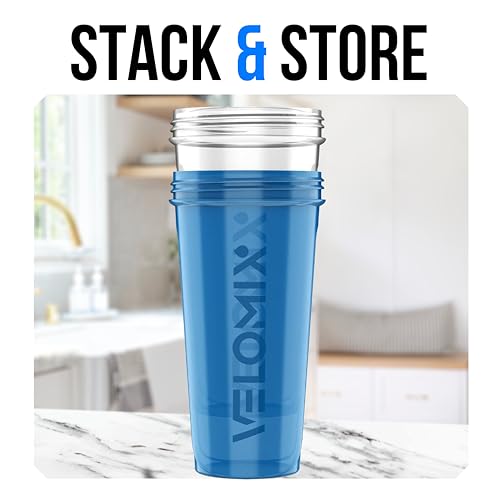 VELOMIX -2 Pack- 28 oz Protein Shaker Bottles for Protein Mixes - 2x Wire Whisk | Leak Proof Shaker Cups for Protein Shakes | Protein Shaker Bottle Pack | Shakers for Protein Shakes-Blue&Transparent