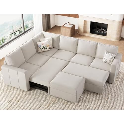 Belffin Modular Sectional Sleeper Couch with Pull Out Sofa Bed Velvet Convertible L Shaped Sectional Sofa with Storage Ottoman for Living Room Beige B