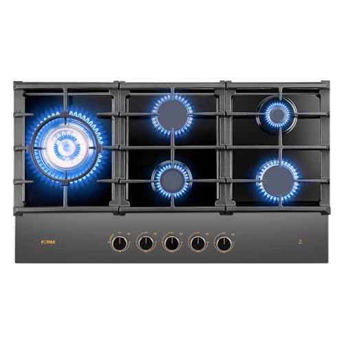 FOTILE GLG36501-Y 36&rdquo; Moonshadow Grey Anti-glare Tempered Glass 5-Burner Gas Cooktop, Tri-Ring 18,000 BTUs Left Burner with Flame Failure Protection Removable Grates and Installation/LP Kit