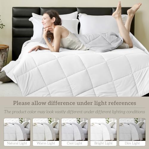 Image of Homelike Moment Queen Lightweight Comforter Duvet Insert Down Alternative Bed Comforters with Corner Tabs, All Season Full Size Blanket Reversible Comforter White /Light Grey