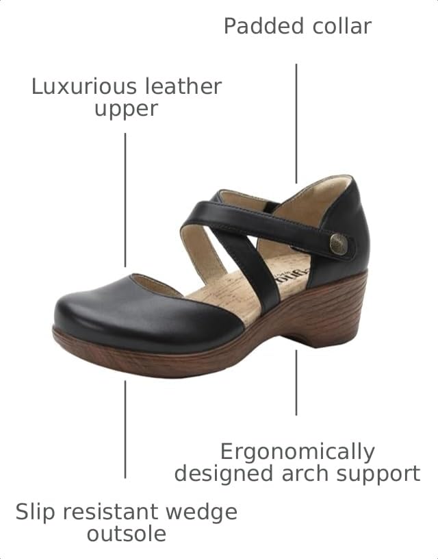 Image of Alegria Womens Savina Leather Wedge - Stylish and Versatile Mary Jane for Endless Support - Enhanced Arch Slip Resistant Platform Ankle Cross Strap Heel for Professionals