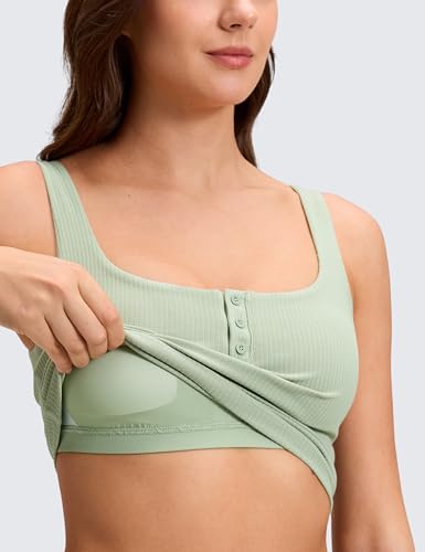 Image of CRZ YOGA Ribbed Henley Crop Tank Tops | Medium Support, Removable Pads, Casual, Square Back, Wide Straps, Longline Sports Bras for Women