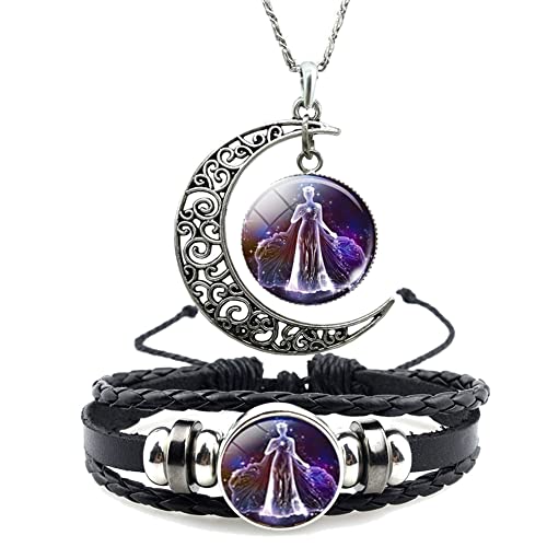 Hewill Moon Crescent Virgo Constellation Bracelet Necklace 12 Zodiac Horoscope Astrology Time Gemstone Necklace And Bracelet for Women Men Birthday Gift