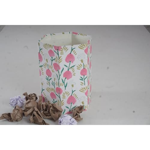 Image of Floral Hand Block Printed 3.3 Gallon Decorative Waste Basket - Eco-Friendly Cardboard Trash Can, Plastic-Free & Sustainable, Perfect for Christmas and Housewarming Gifts (1, Pink Green)