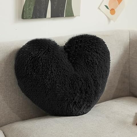 XeGe Luxury 15"x17" Faux Fur Heart Pillow, Cute Plush Shaggy Decorative Throw Pillow, Romantic Fluffy Heart Shaped Pillow w/Insert, Fuzzy Accent Pillow for Valentine's Day/Birthday/Wedding, Black Cover