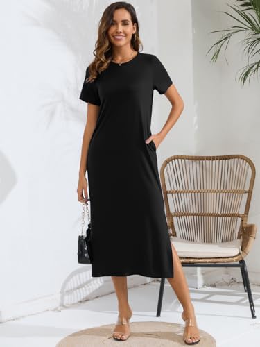 Naggoo Women's Short Sleeve Split Maxi Dress Casual Plain Tie Dye Print Tshirt Long Dresses with Pockets2