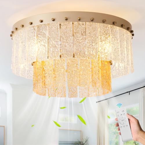 Image of 20 inch Gold Fandelier Ceiling Fan with Light,Gold Crystal Flush Mount Ceiling Fans with Lights and Remote Control,Mid-Century Modern Caged with 6 Speeds for Living Room Bedroom Nursery
