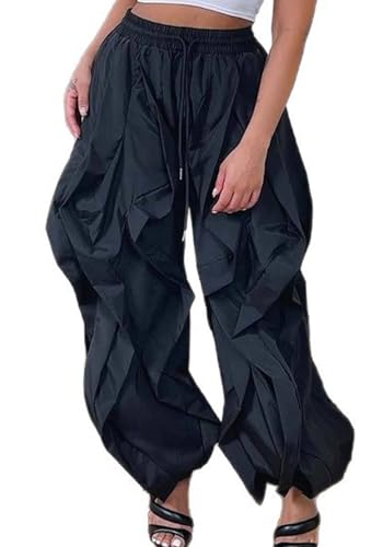 Women Casual Baggy Cargo Pants Trendy High Waisted Ruffle Patchwork Long Trousers with Drawstring