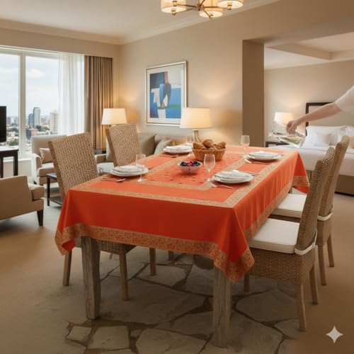 Image of New Year Room Decor Embroidery Brocade Silk Table Cover for Centre & Dinning Table and 4 & 6 Seater Dining Table /Tablecloth, (50 By 50 Inches) (Orange)