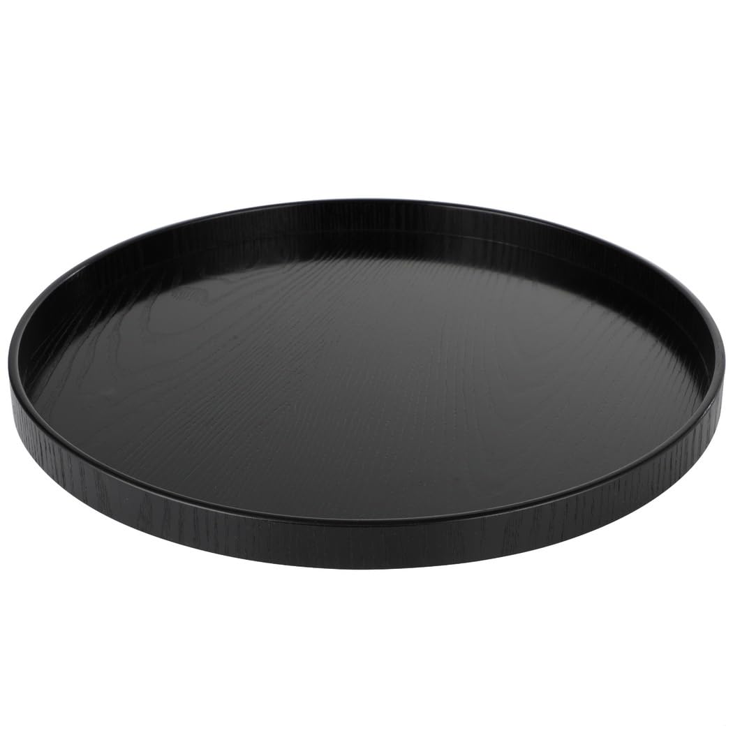 Bandeja redonda de madera maciza, bandeja antideslizante para servir con bordes elevados, bandeja negra para cocina y bar