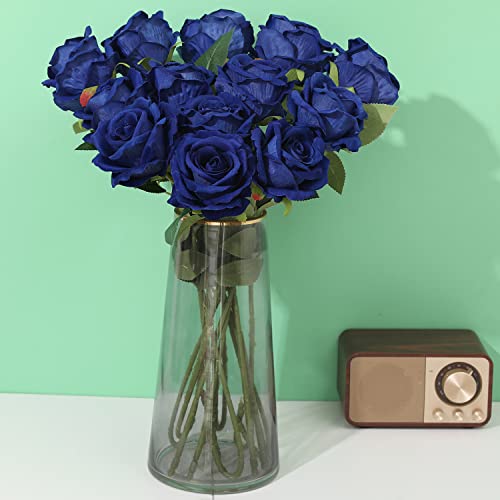 Cloudecor 15Pcs Fake Roses Velet Roses Long Stem Artificial Flowers Silk Flowers for Home Wedding Decoration (Round Roses,Royal Blue) - Image 3