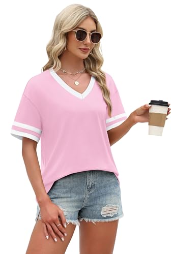 Image of WIHOLL Womens T Shirts Loose Fit Short Sleeve Tees V Neck Color Block Summer Tops 2026 Fashion S-4XL
