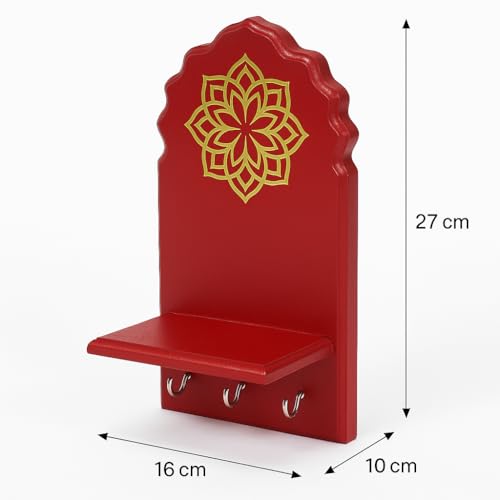 Image of Globally Indian Engineered Wood Keys Holder for Wall with Shelf | Mandala Design Key Stand Organizer for Home Entrance |Decorative Key Hanger for Wall, Entryway, Living Room |Floating Wall Shelf (Red)