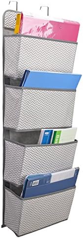 Maddott 4-Pocket 2 Hooks Wall Hanging File Holder for Magazines, Notebooks, File Storage Folders (Gray Stripe)
