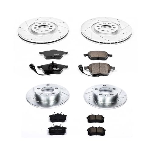 Image of PowerStop Front and Rear Brake Kit for Audi TT 2000-06 - Drilled and Slotted Disc Rotors with Carbon-Fiber Ceramic Brake Pads Replacement, K915