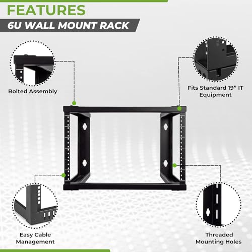 Image of NavePoint 6U Wall Mount Rack - Server Rack for 19 Inch IT Equipment Open Frame Rack - Network Rack for AV & Server Equipment 16 inch Deep Rack, Black