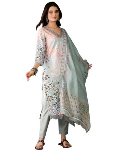 Image of Naixa Women's Organza Embroidered Straight Kurta with Pant and Dupatta Sets (NX-453)