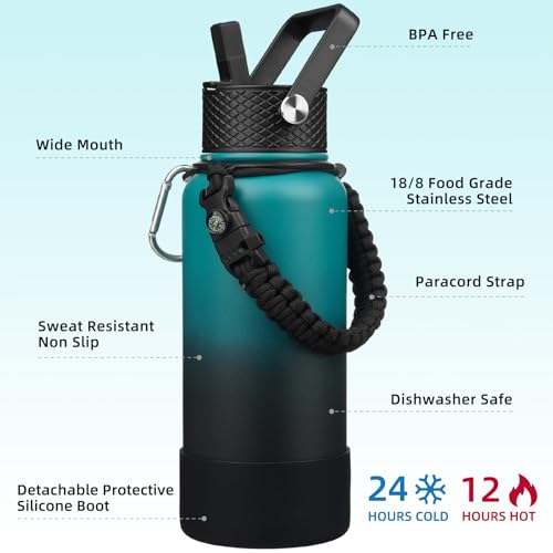 Image of BJPKPK 32oz Insulated Water Bottle with 3 Lids, Straw Lid & Handle | BPA-Free 18 /8 Stainless Steel Bottle with Leak-Proof Lids, Paracord Handle & Removable Silicone Boot for Gym, Hiking, Travel