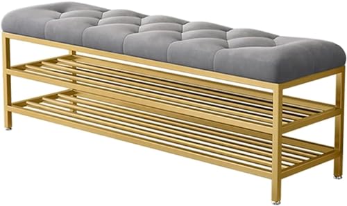 Image of Metal Shoe Rack Bench Organizer with Mesh Seat for Bedroom Entry Window Mudroom Living Room, 2-Tier Fleece Bench Bench for Entryway (Green Gold)