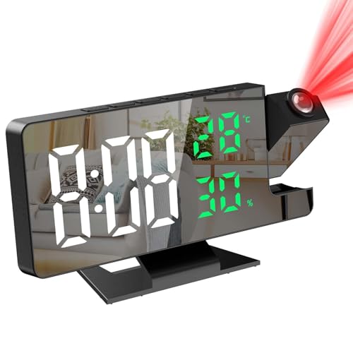 Tisaika Projection Alarm Clock for Bedroom 7.8 Digital Clock with 180 Projector 12/24H LED Mirror Digital Clock with Temperature Humidity Display Adjustable Brightness Snooze for Office Home Desktop
