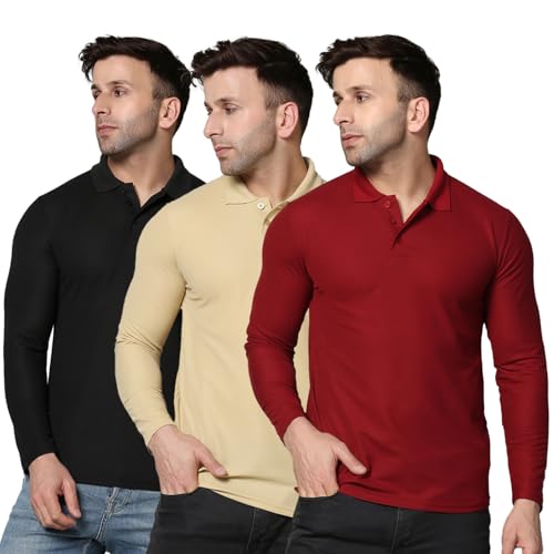 Image of INKKR Men's Soild Full Sleeve Polo Neck T-Shirt Combo
