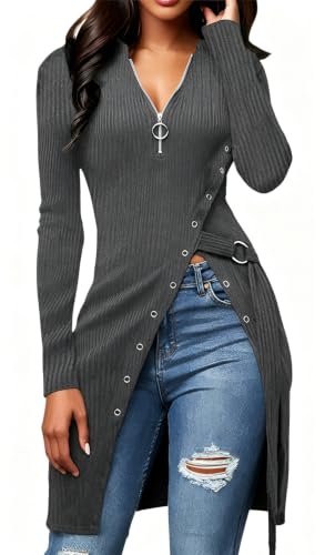 Image of Women's Ribbed Zip Front Long Sleeve Top Side Split Tunic Blouse with Belt | Features a chic O-ring half zip front, side button trim and an adjustable D-ring belt.