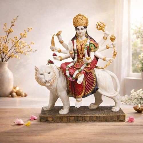 Image of ARMONIA Sherawali Devi Murti for Navratri Decor & Worship | Maa Durga Idol Sitting | Mata Murti for Home Decor, Mandir | Vaishno Devi Durga Mata Statue | Marble Dust Goddess Idol for Gift (14.56 Inch)