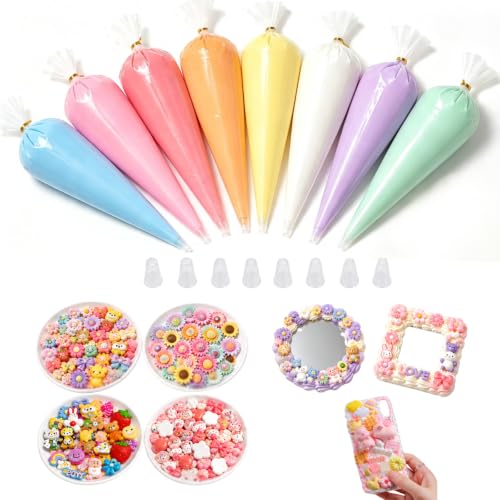 JWEELUMI Decoden Cream Glue Kit 8 Colors 100g Fake Whipped Cream Glue with 40PCS Charms & Tips DIY Phone Case Craft Kit Deco Cream for Jewelry Mirror Decoration Gift for Girls Teens