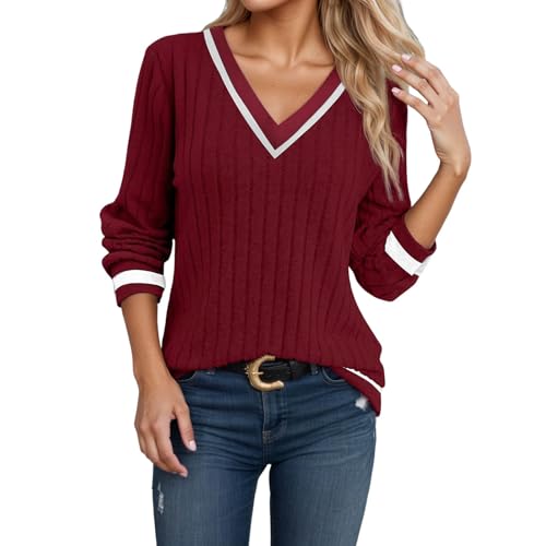 Sudadera para mujer con cuello en V, suéter de punto otoño invierno manga larga camiseta elegante básica suéter holgado cómodo suave jersey suéter de punto, O Vino, XXL