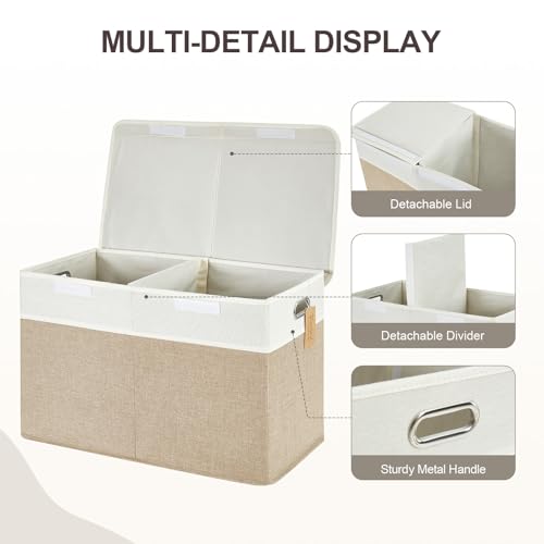 Image of Large Toy Storage Box with Lid, Collapsible Toys Storage Organizer Bins with Dividers and Handles, Storage Chest Bin for Kids, Boys, Girls, Nursery 25 inchx13 inch x16 inch (Beige & White)